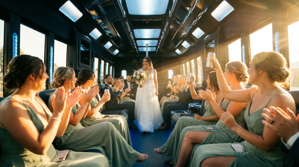 Alt Text: Bride and bridal party celebrating inside a luxury party bus with colorful LED lighting, leather seating, and a festive wedding atmosphere.